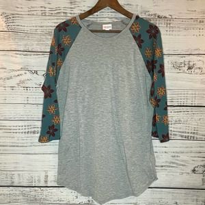 LulaRoe Randy Floral Woman's Large Shirt Blouse Top Grey Red Teal Yellow Orange